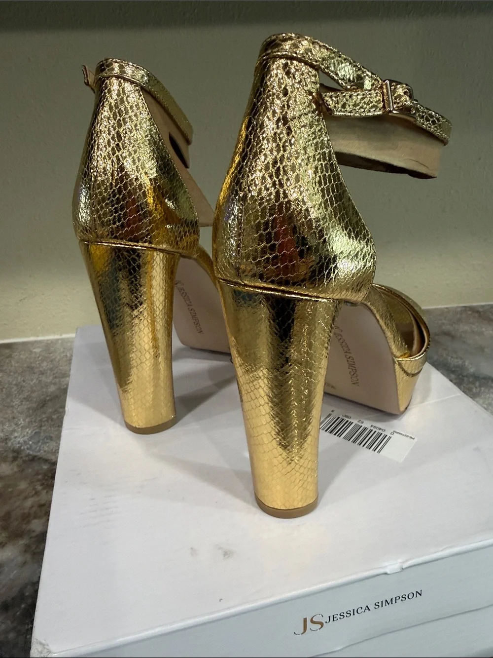 Jessica Simpson Gold Textured Platform Block Heel Sandals